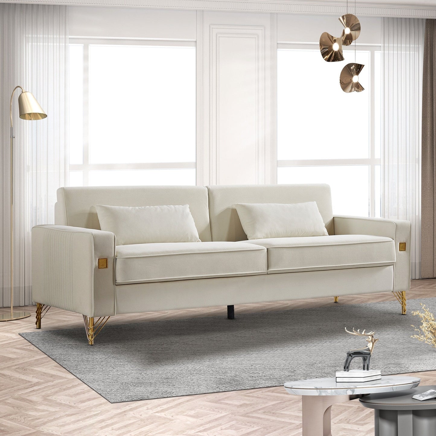 Canapé 3 places en velours moderne 85,44 po avec 2 coussins, pieds en métal doré, élégance intemporelle, mousse haute densité