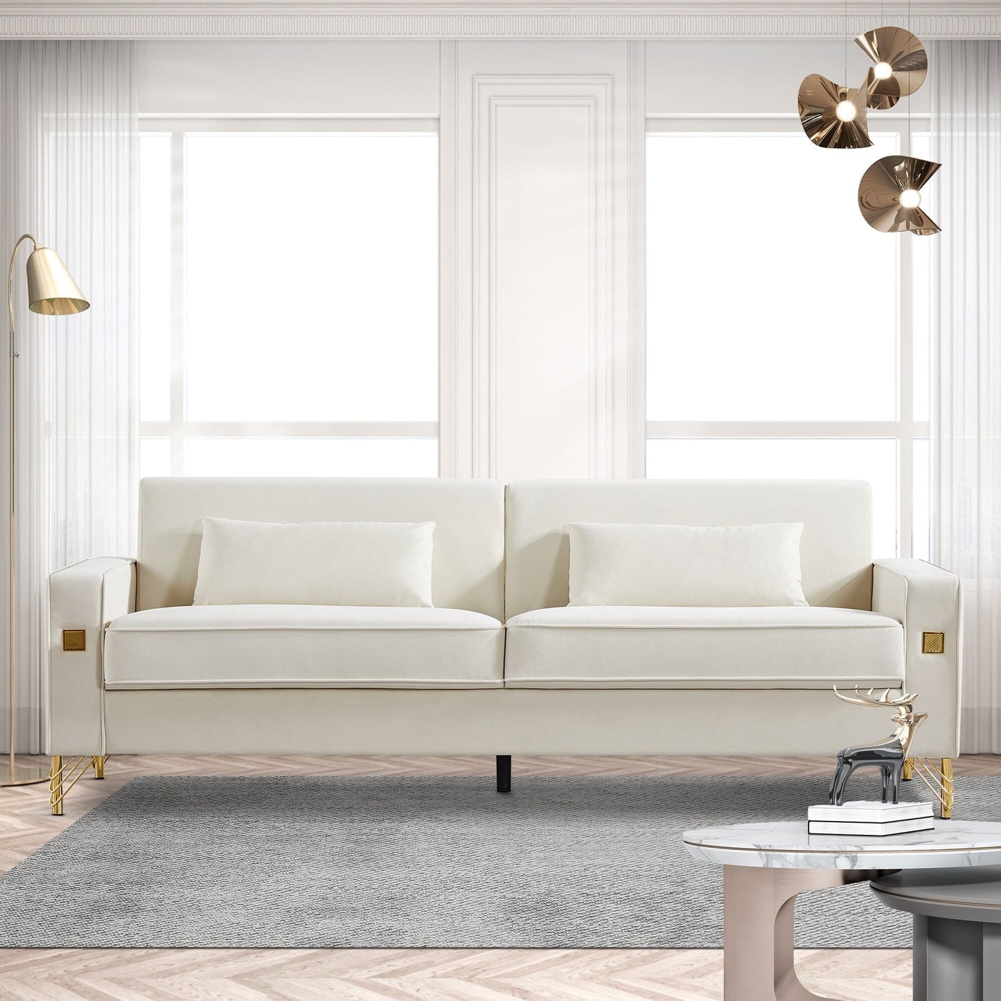 Canapé 3 places en velours moderne 85,44 po avec 2 coussins, pieds en métal doré, élégance intemporelle, mousse haute densité