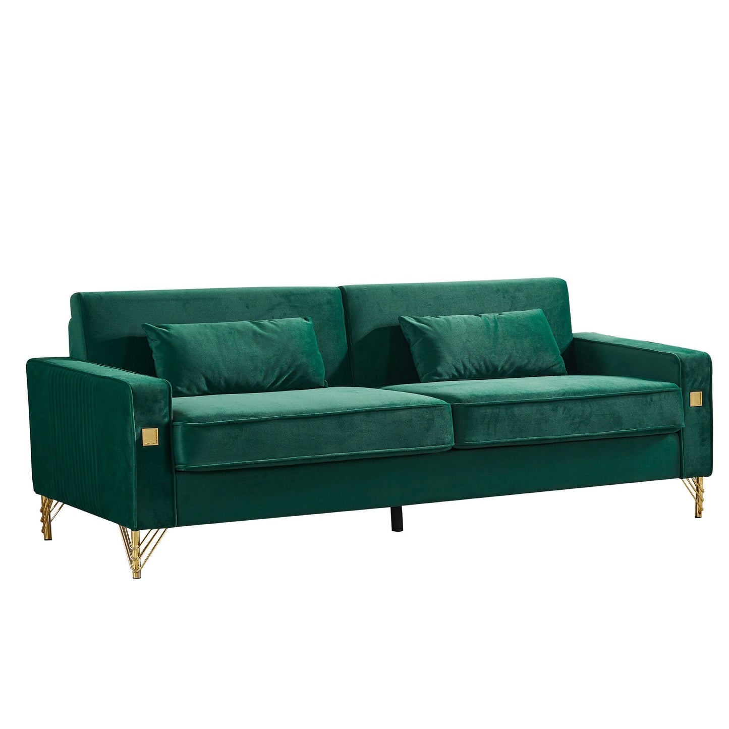 Canapé 3 places en velours moderne 85,44 po avec 2 coussins, pieds en métal doré, élégance intemporelle, mousse haute densité