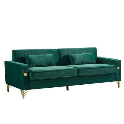 Canapé 3 places en velours moderne 85,44 po avec 2 coussins, pieds en métal doré, élégance intemporelle, mousse haute densité
