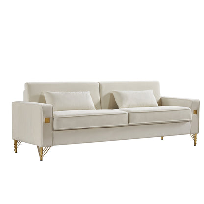 Canapé 3 places en velours moderne 85,44 po avec 2 coussins, pieds en métal doré, élégance intemporelle, mousse haute densité