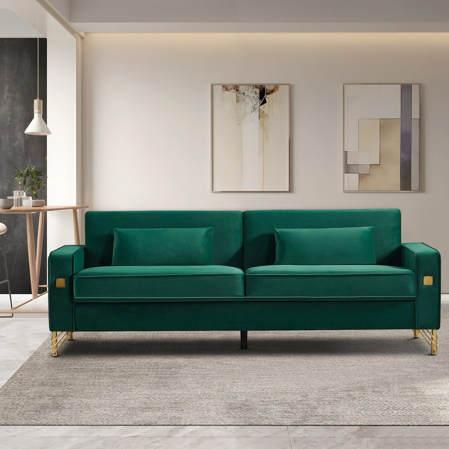 Canapé 3 places en velours moderne 85,44 po avec 2 coussins, pieds en métal doré, élégance intemporelle, mousse haute densité