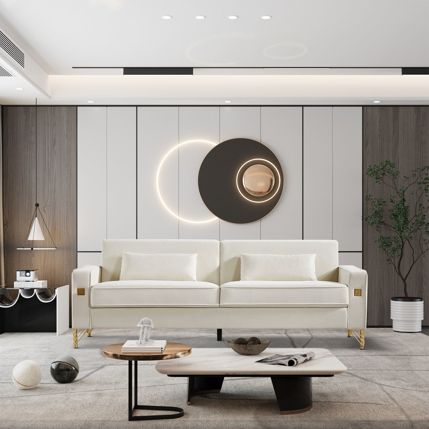 Canapé 3 places en velours moderne 85,44 po avec 2 coussins, pieds en métal doré, élégance intemporelle, mousse haute densité