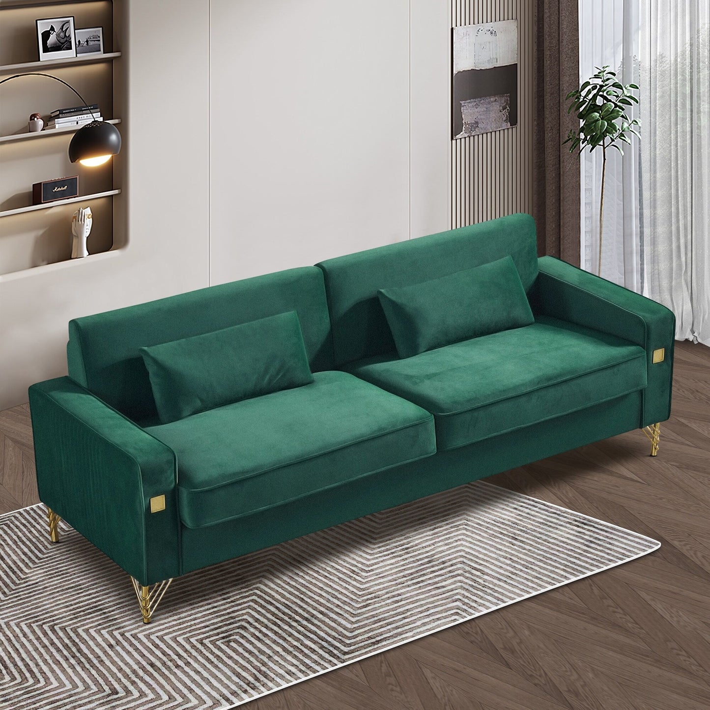 Canapé 3 places en velours moderne 85,44 po avec 2 coussins, pieds en métal doré, élégance intemporelle, mousse haute densité
