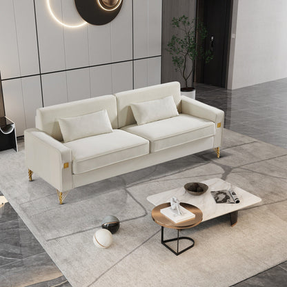 Canapé 3 places en velours moderne 85,44 po avec 2 coussins, pieds en métal doré, élégance intemporelle, mousse haute densité