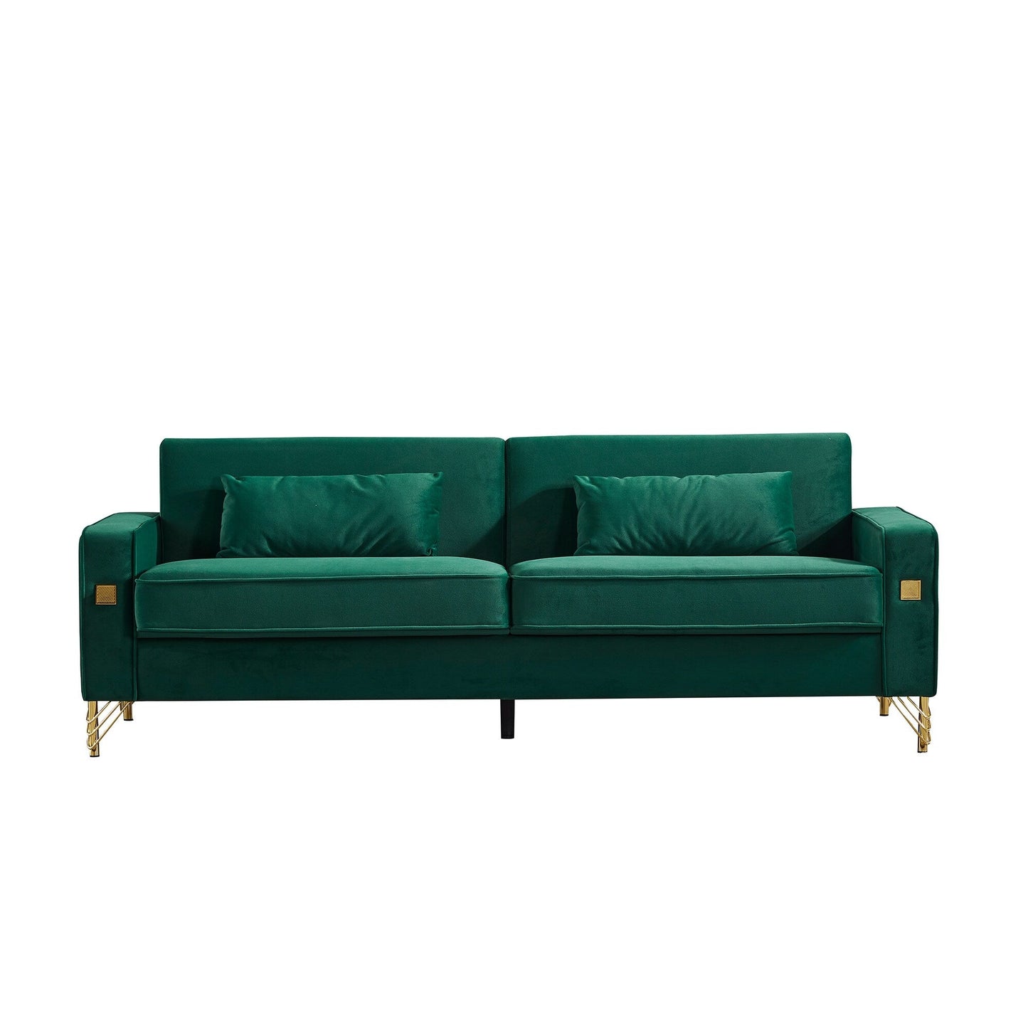 Canapé 3 places en velours moderne 85,44 po avec 2 coussins, pieds en métal doré, élégance intemporelle, mousse haute densité
