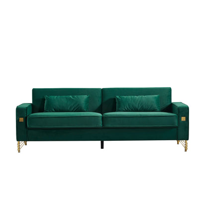 Canapé 3 places en velours moderne 85,44 po avec 2 coussins, pieds en métal doré, élégance intemporelle, mousse haute densité