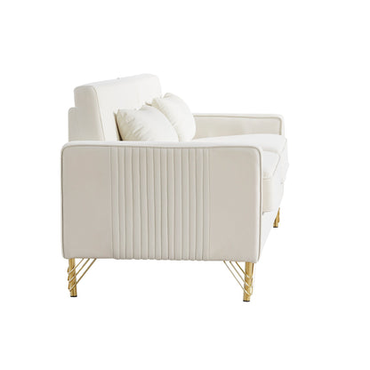 Canapé 3 places en velours moderne 85,44 po avec 2 coussins, pieds en métal doré, élégance intemporelle, mousse haute densité