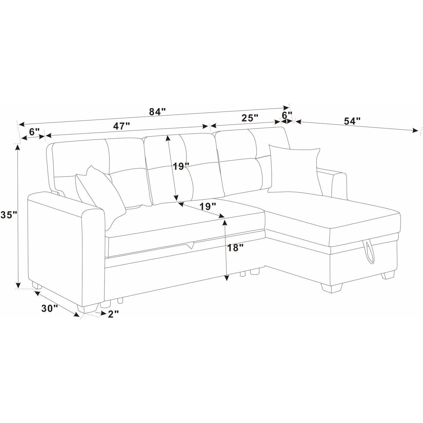 Canapé-lit rembourré de 85,5 pouces, le rangement est disponible sous le siège de la chaise longue, allie attrait contemporain et sophistication simple