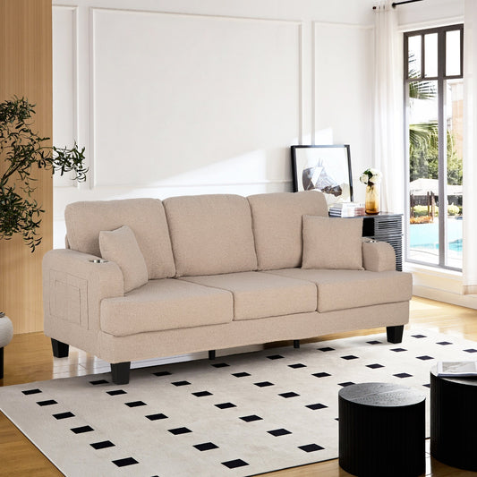 Canapé 3 places moderne en velours côtelé beige avec port USB et 2 coussins