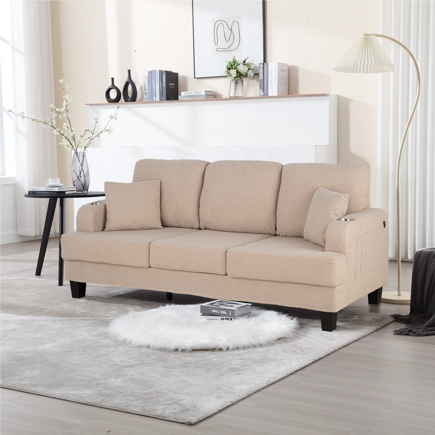 Canapé 3 places moderne en velours côtelé beige avec port USB et 2 coussins