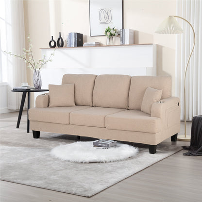 Canapé 3 places moderne en velours côtelé beige avec port USB et 2 coussins