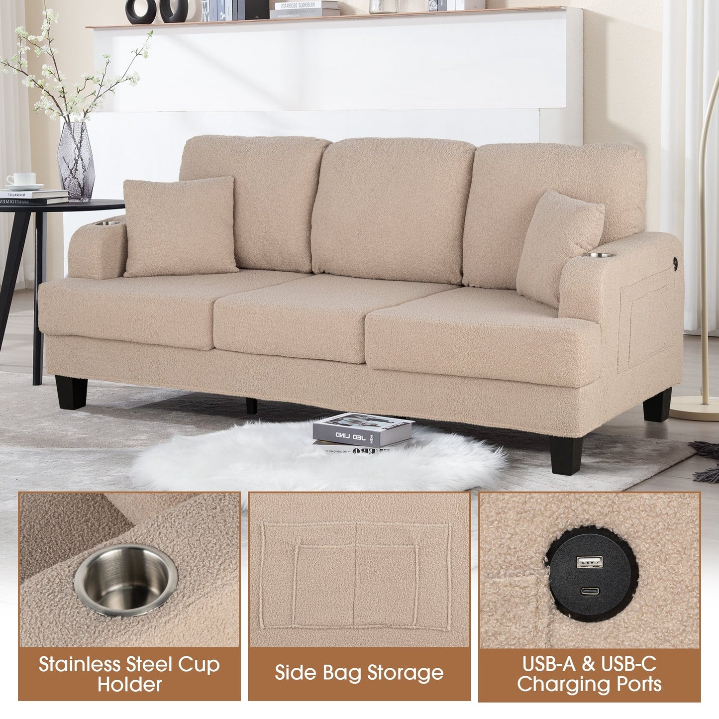Canapé 3 places moderne en velours côtelé beige avec port USB et 2 coussins