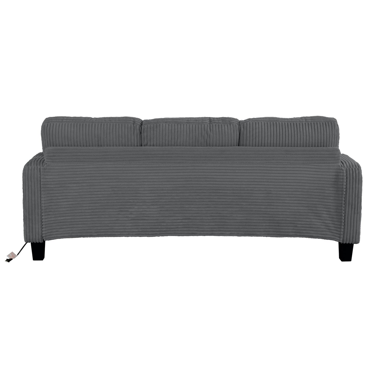 Canapé rectangulaire moderne 3 places en velours côtelé avec port USB et 2 coussins