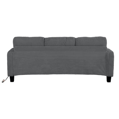 Canapé rectangulaire moderne 3 places en velours côtelé avec port USB et 2 coussins