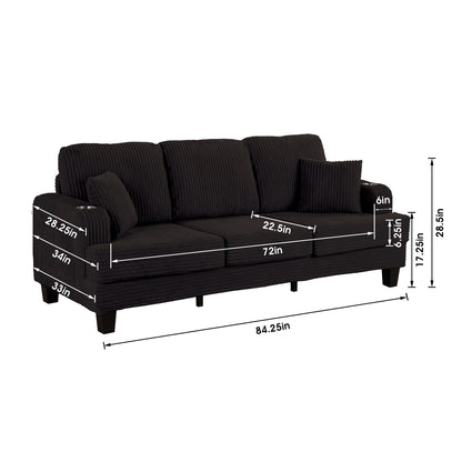 Canapé rectangulaire moderne 3 places en velours côtelé avec port USB et 2 coussins