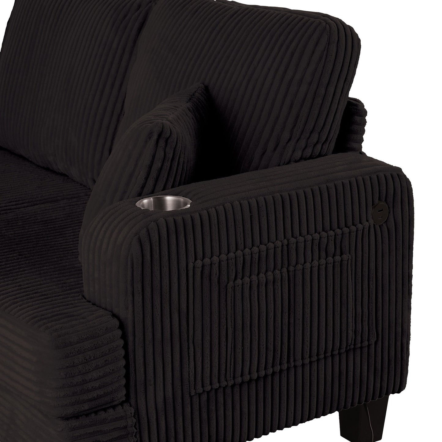Canapé rectangulaire moderne 3 places en velours côtelé avec port USB et 2 coussins