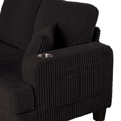 Canapé rectangulaire moderne 3 places en velours côtelé avec port USB et 2 coussins