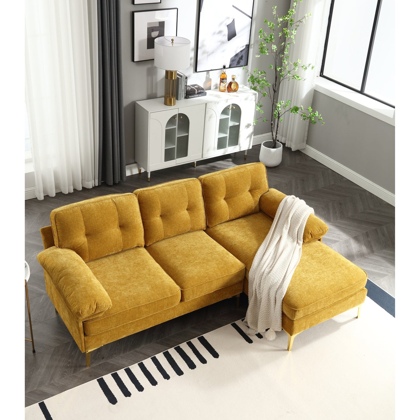Canapé 3 places en tissu en forme de L de 85 pouces avec méridienne, cadre en bois et renfort de coussin à ressorts