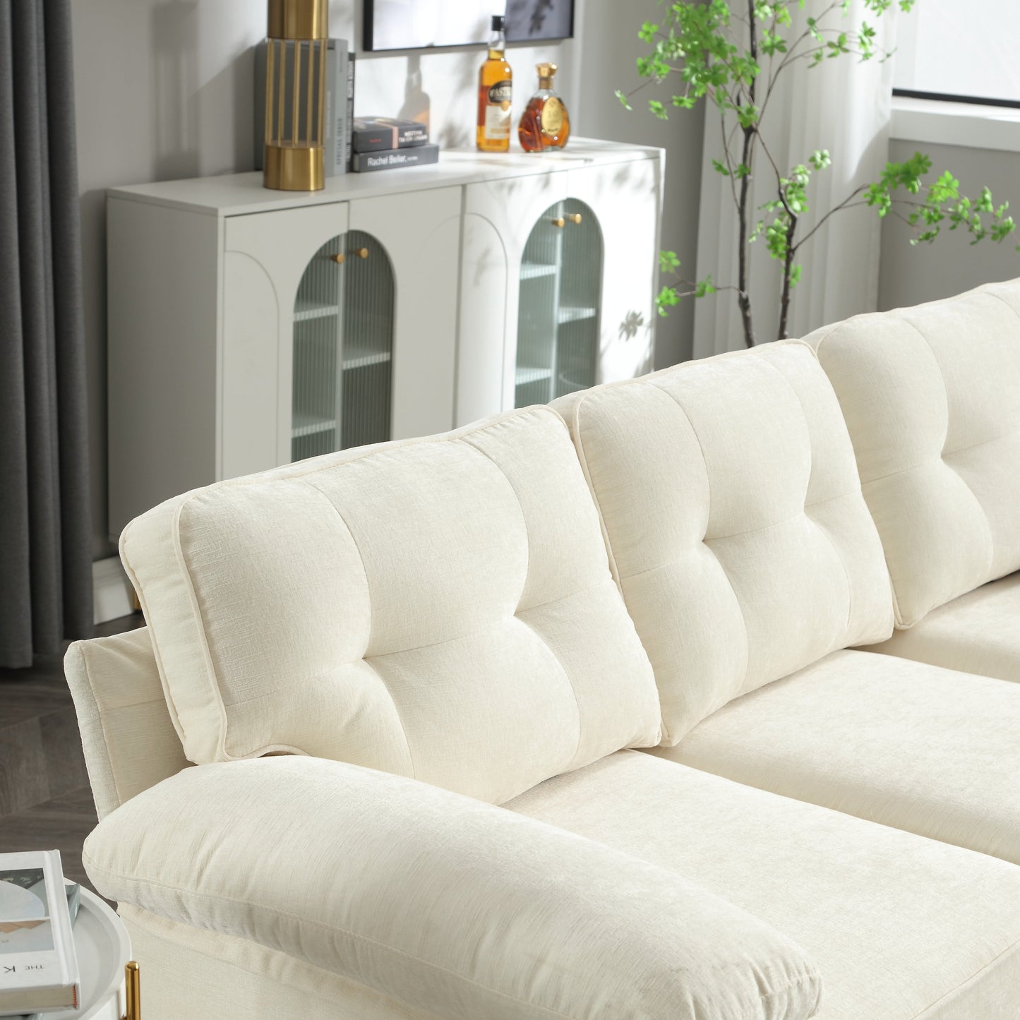 Canapé 3 places en tissu en forme de L de 85 pouces avec méridienne, cadre en bois et renfort de coussin à ressorts