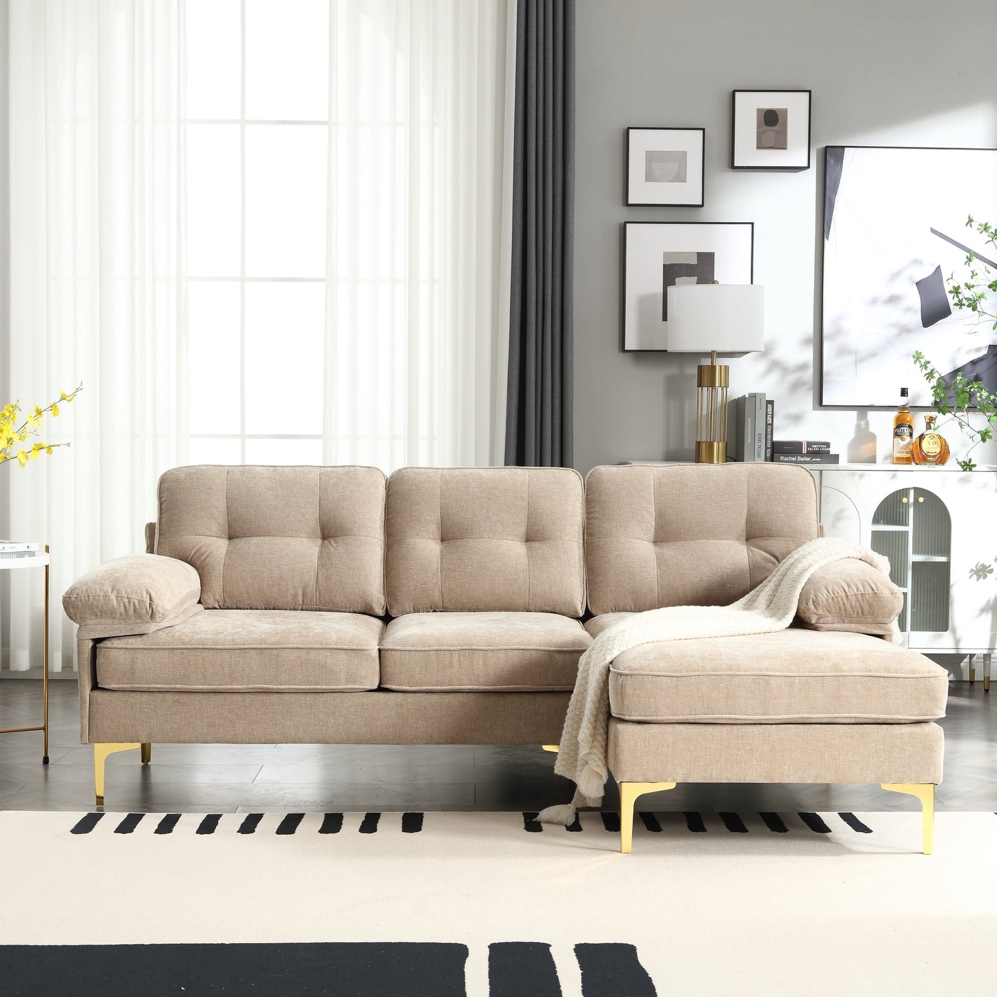 Canapé 3 places en tissu en forme de L de 85 pouces avec méridienne, cadre en bois et renfort de coussin à ressorts