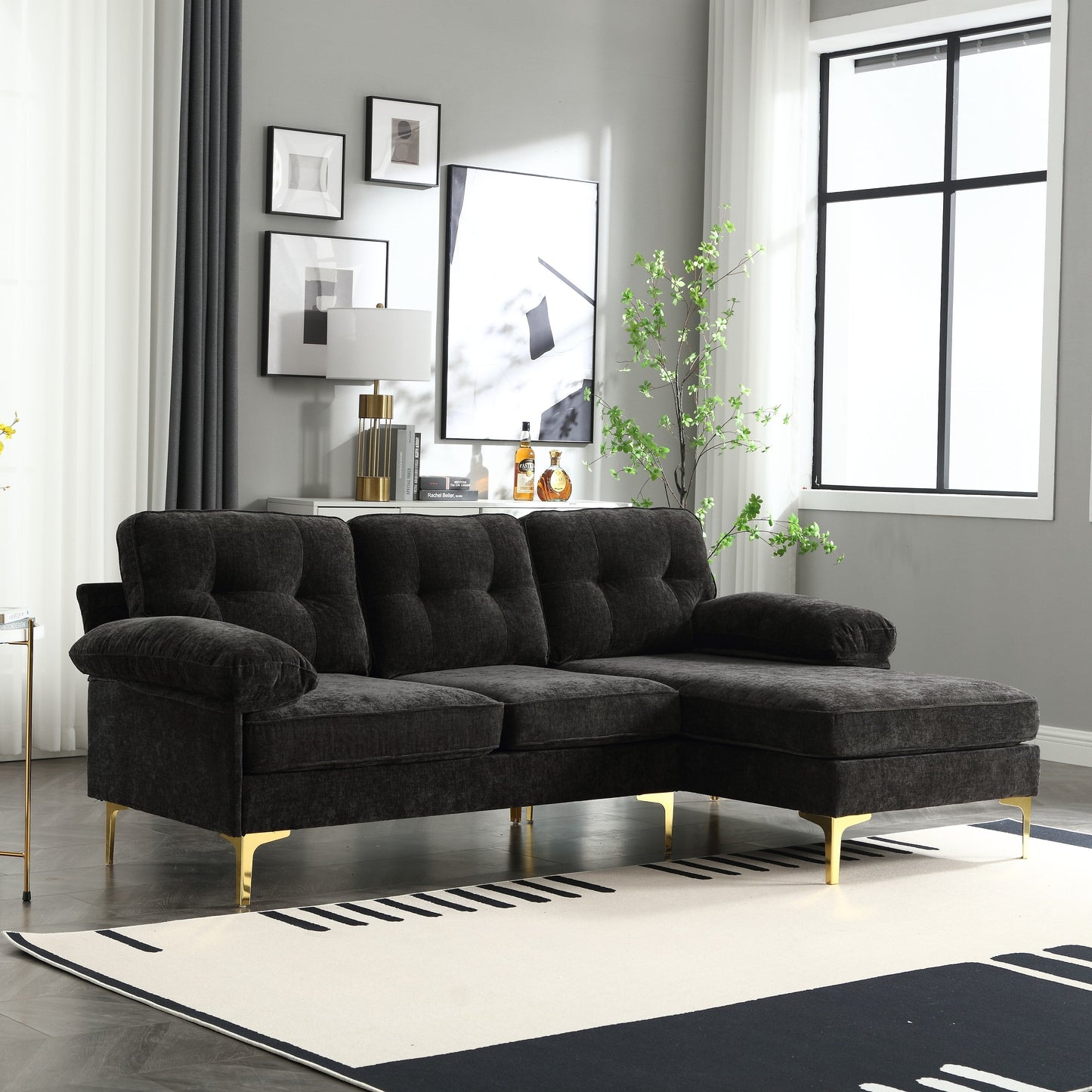 Canapé 3 places en L de 85 pouces avec méridienne et coussin à ressorts