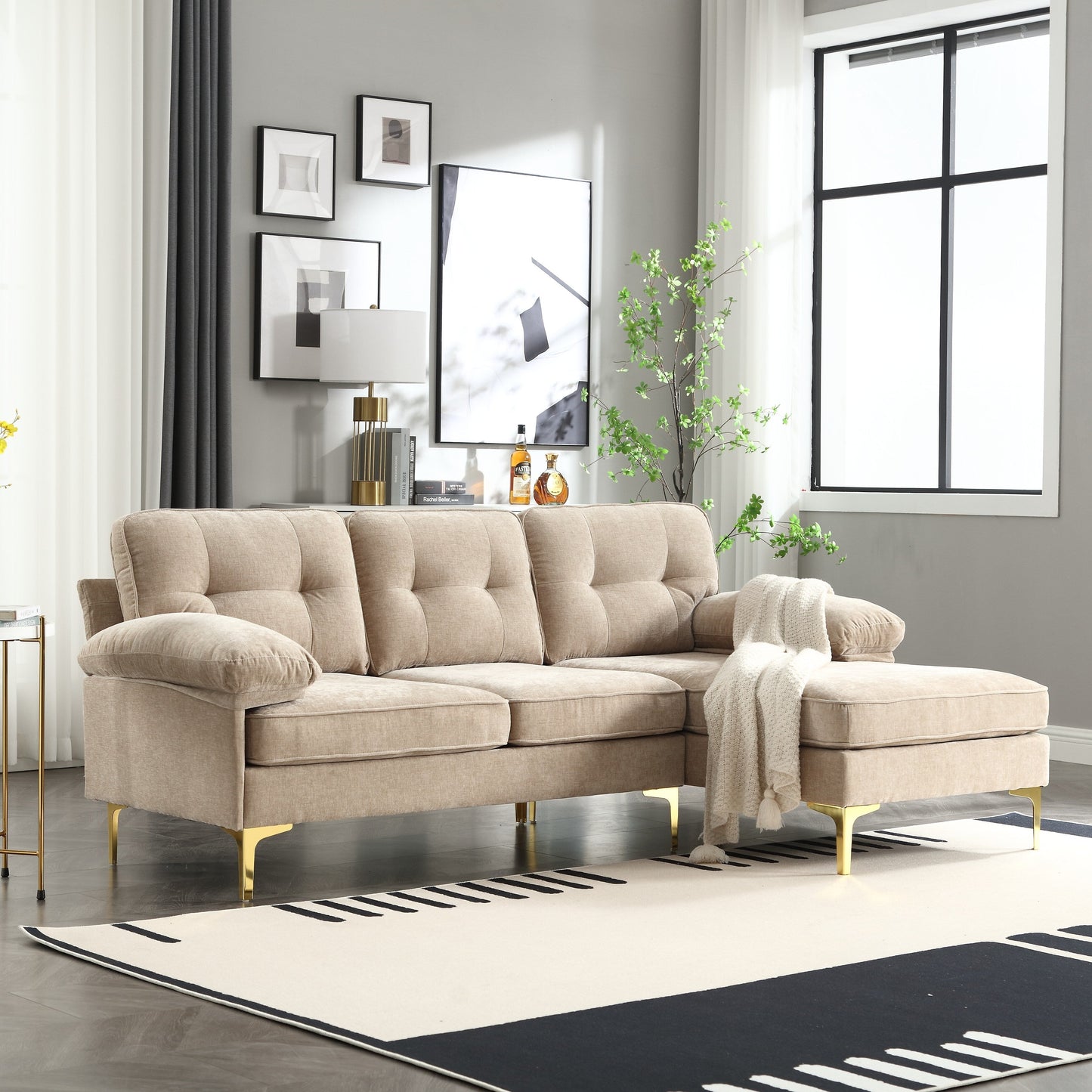 Canapé 3 places en L de 85 pouces avec méridienne et coussin à ressorts