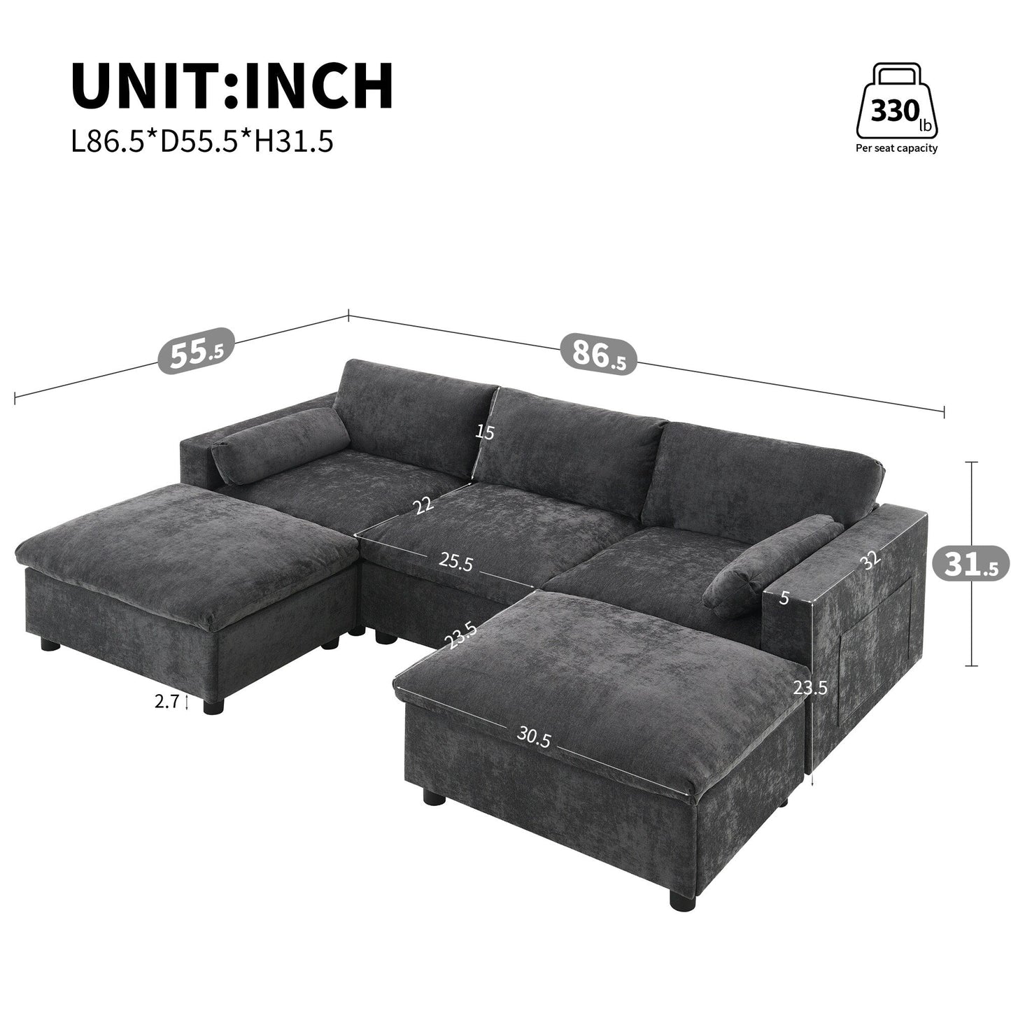 Canapé sectionnel en U de 86,5 pouces en chenille avec poches de rangement, 2 poufs amovibles et coussins décoratifs pour le salon