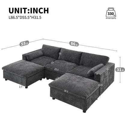Canapé sectionnel en U de 86,5 pouces en chenille avec poches de rangement, 2 poufs amovibles et coussins décoratifs pour le salon