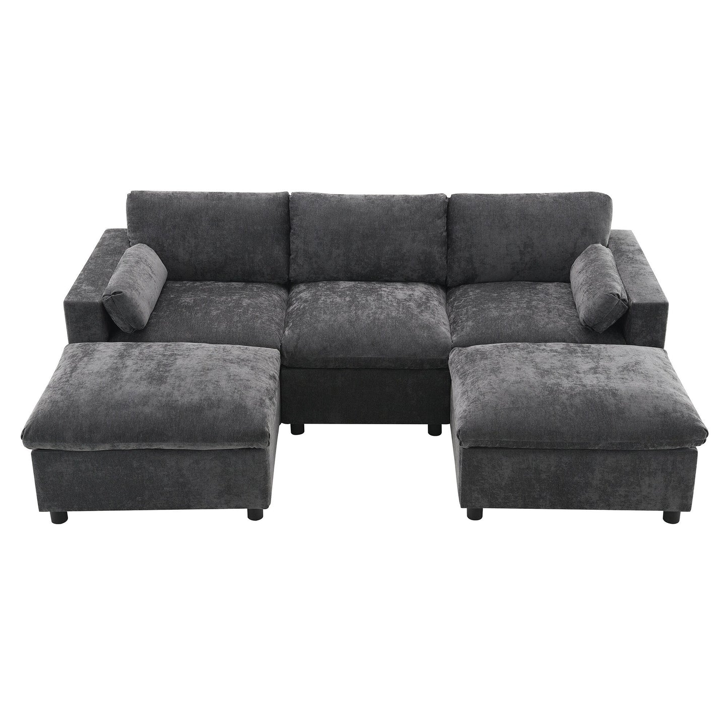Canapé sectionnel en U de 86,5 pouces en chenille avec poches de rangement, 2 poufs amovibles et coussins décoratifs pour le salon