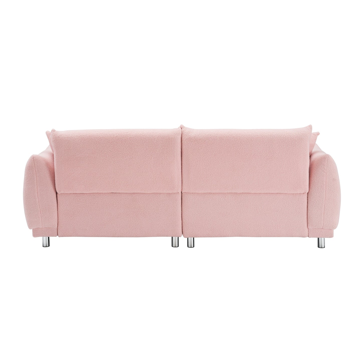 Un canapé rose en polaire de 86,6 pouces avec quatre coussins et des pieds en quincaillerie peut s'asseoir confortablement dans une chambre d'appartement
