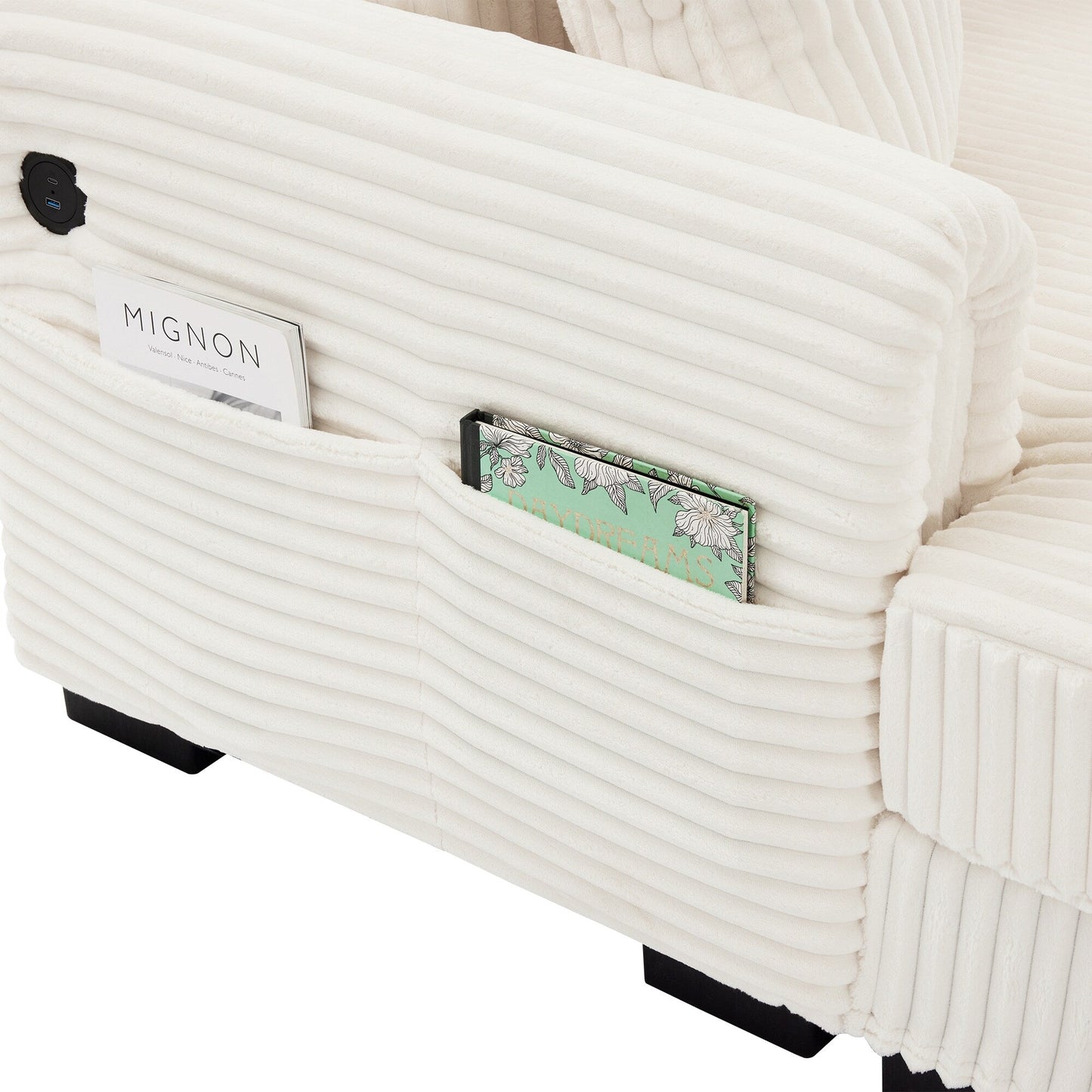 Canapé réversible 2 places en forme de L en velours côtelé avec chargement USB-C et poche de rangement pour le salon