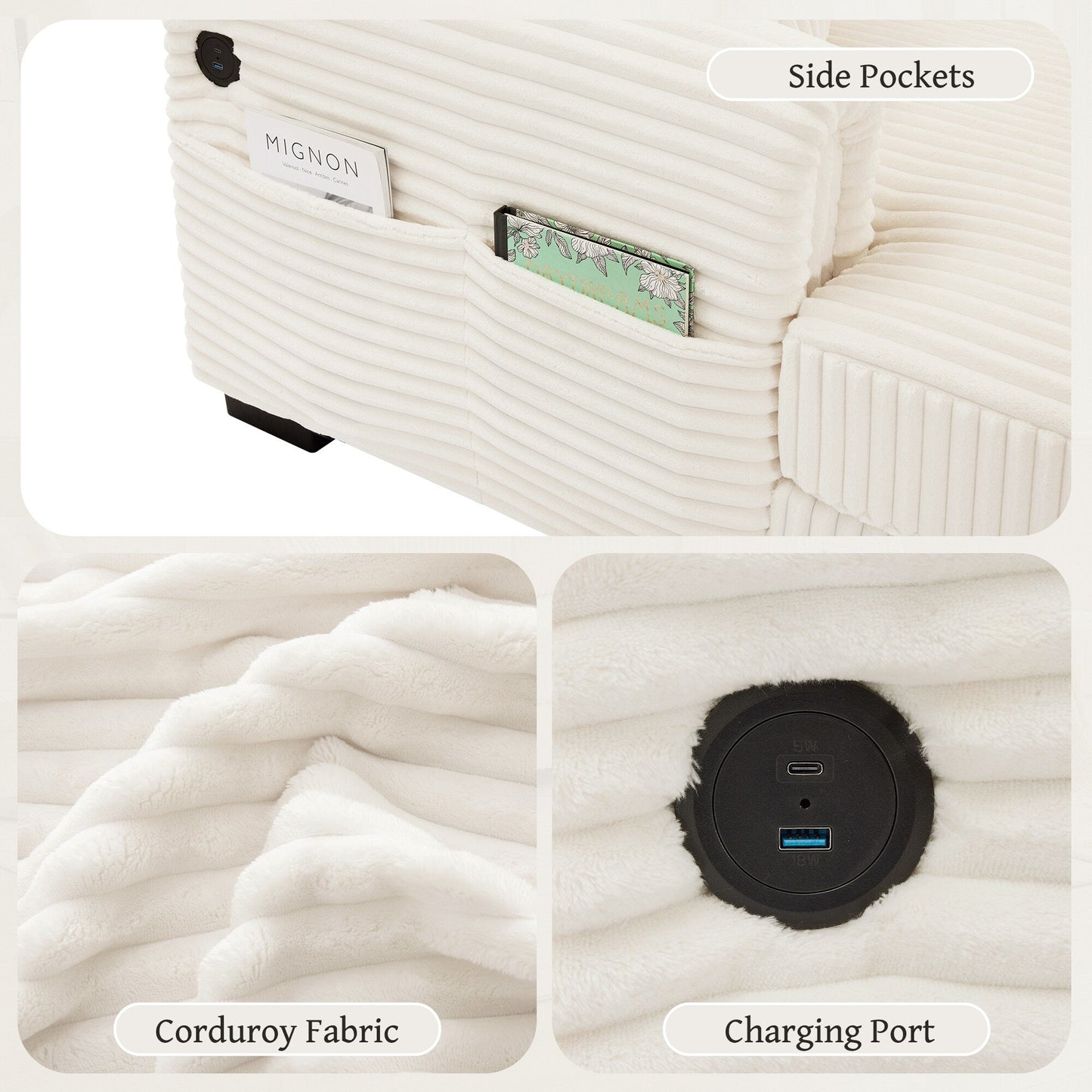 Canapé réversible 2 places en forme de L en velours côtelé avec chargement USB-C et poche de rangement pour le salon
