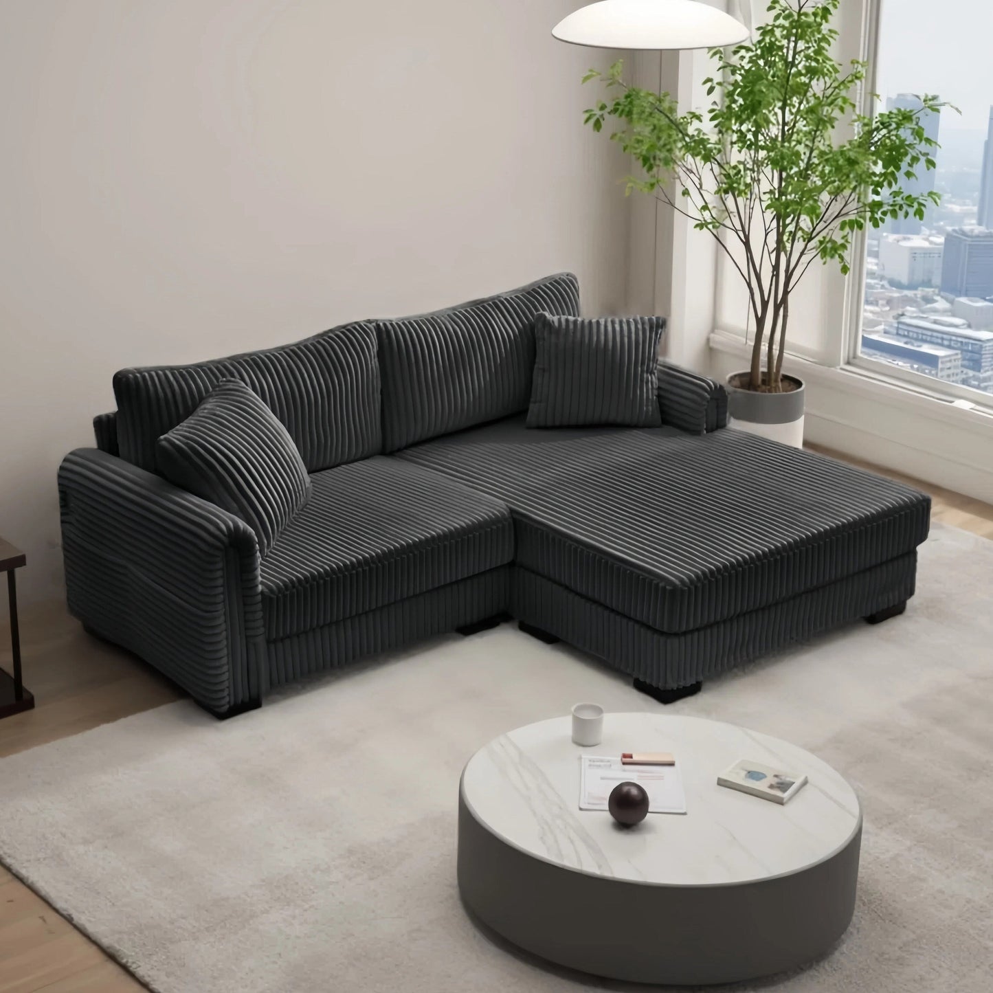 Canapé réversible 2 places en forme de L en velours côtelé avec chargement USB-C et poche de rangement pour le salon