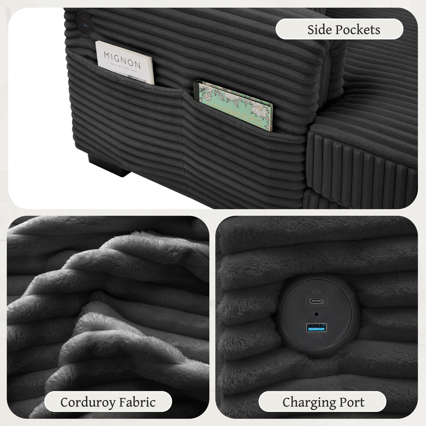 Canapé réversible 2 places en forme de L en velours côtelé avec chargement USB-C et poche de rangement pour le salon