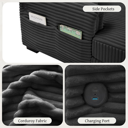 Canapé réversible 2 places en forme de L en velours côtelé avec chargement USB-C et poche de rangement pour le salon