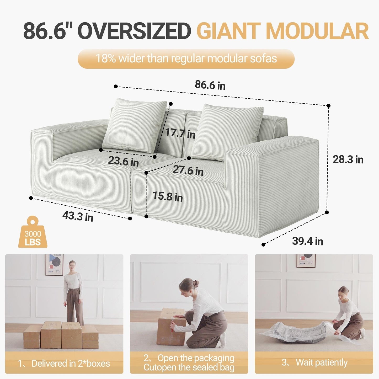 Canapé 3 places en mousse 86,6 avec assise large et profonde, éponge moulée monobloc, housse amovible et lavable