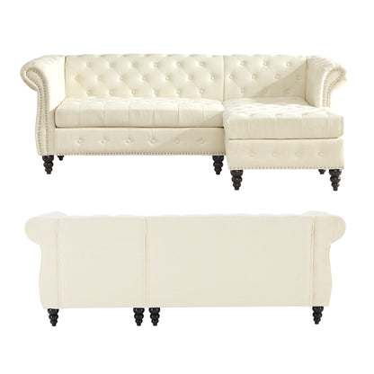 Canapé Chesterfield en L de 86,6 po en lin avec capitonnage à boutons, accoudoirs roulés, garniture cloutée et pieds en bois de calebasse