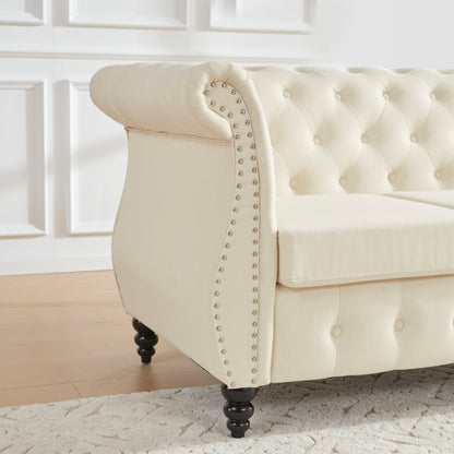 Canapé Chesterfield en L de 86,6 po en lin avec capitonnage à boutons, accoudoirs roulés, garniture cloutée et pieds en bois de calebasse