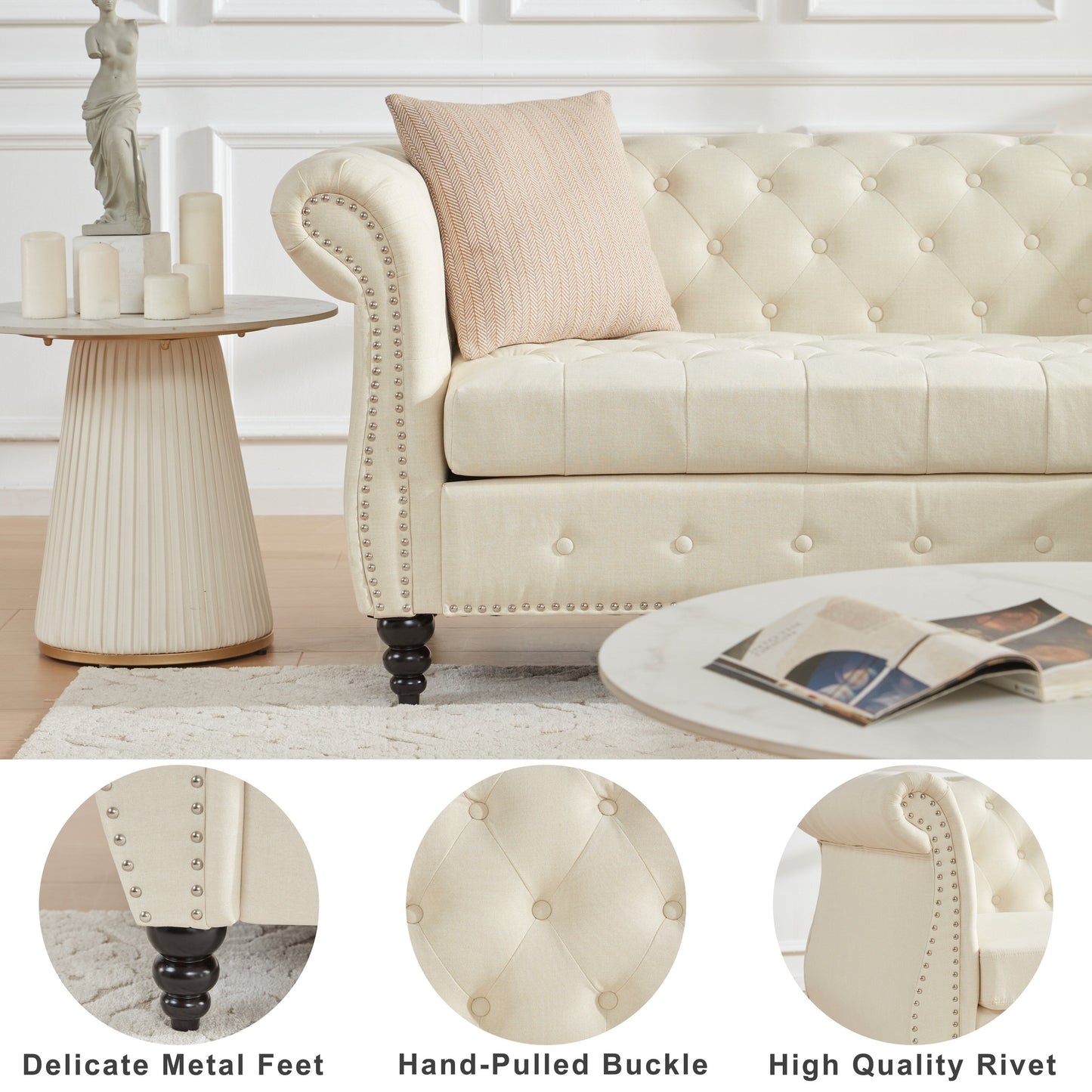 Canapé Chesterfield en L de 86,6 po en lin avec capitonnage à boutons, accoudoirs roulés, garniture cloutée et pieds en bois de calebasse