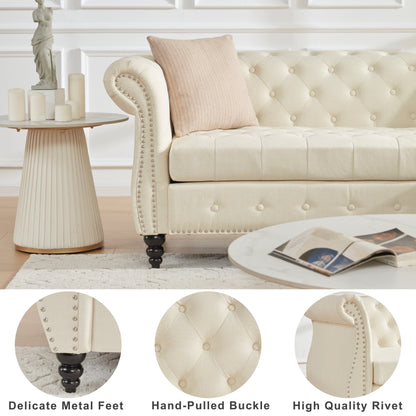 Canapé Chesterfield en L de 86,6 po en lin avec capitonnage à boutons, accoudoirs roulés, garniture cloutée et pieds en bois de calebasse