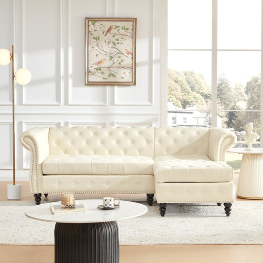 Canapé Chesterfield en lin de 86,6 po en forme de L avec accoudoirs roulés, capitonnage à boutons, garniture cloutée et pieds en bois de calebasse