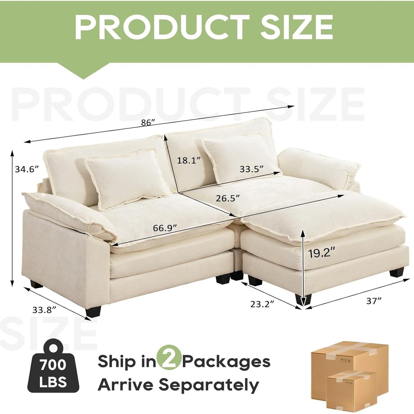 Canapé sectionnel Cloud 86 - Canapé en chenille en forme de L avec pouf et coussins, siège profond (beige blanc)