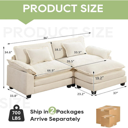 Canapé sectionnel Cloud 86 - Canapé en chenille en forme de L avec pouf et coussins, siège profond (beige blanc)