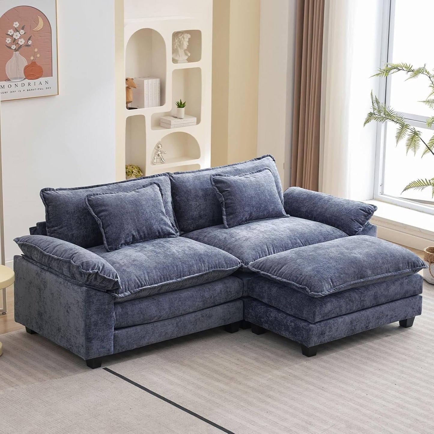 Canapé sectionnel Cloud 86 - Canapé en chenille en forme de L avec pouf et coussins, siège profond (beige blanc)