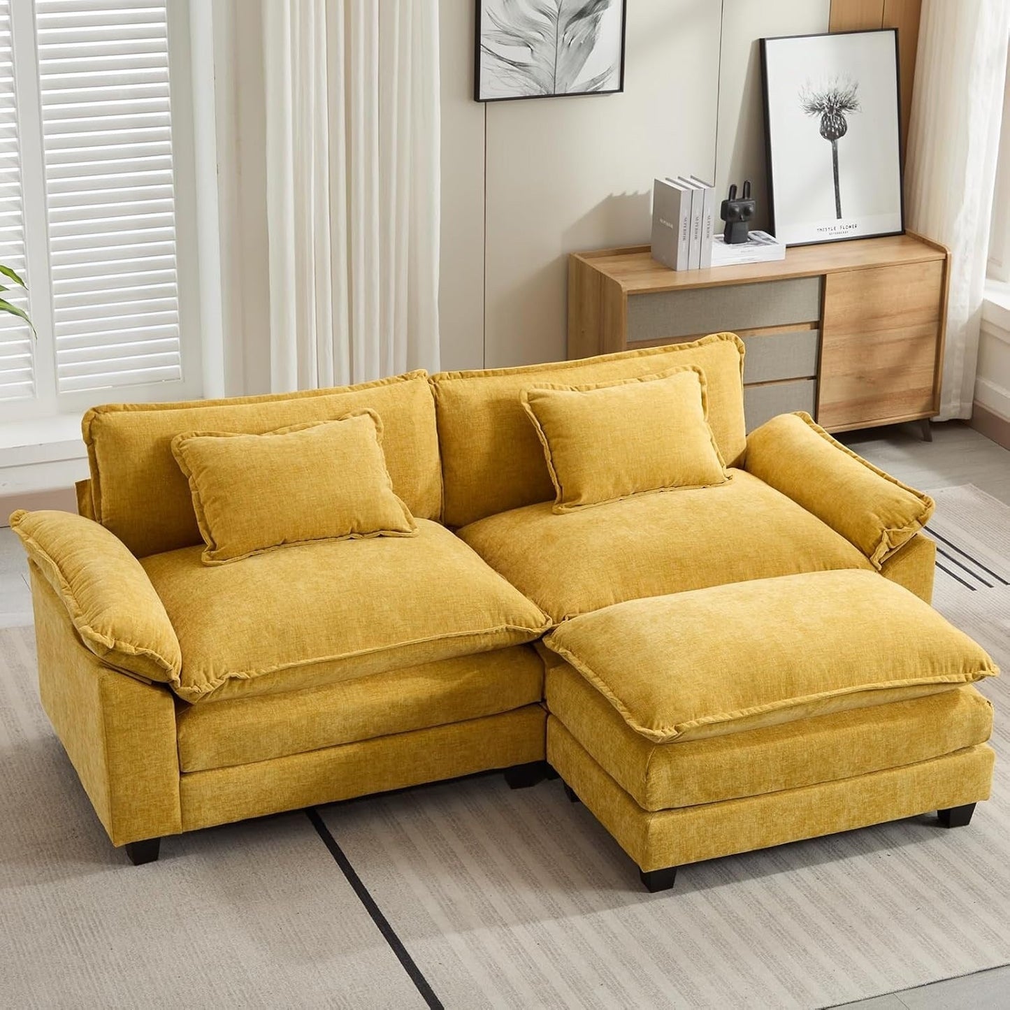 Canapé sectionnel Cloud 86 - Canapé en chenille en forme de L avec pouf et coussins, siège profond (beige blanc)