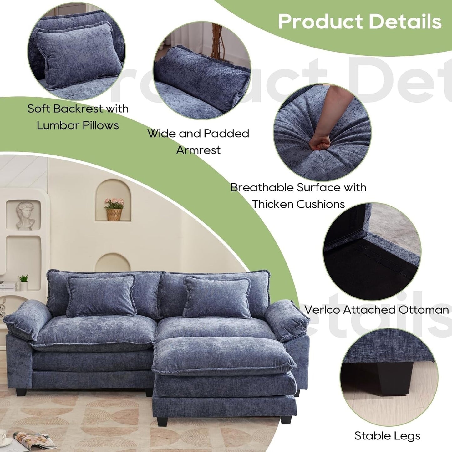 Canapé sectionnel Cloud 86 - Canapé en chenille en forme de L avec pouf et coussins, siège profond (beige blanc)