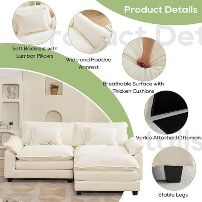 Canapé sectionnel Cloud 86 - Canapé en chenille en forme de L avec pouf et coussins, siège profond (beige blanc)