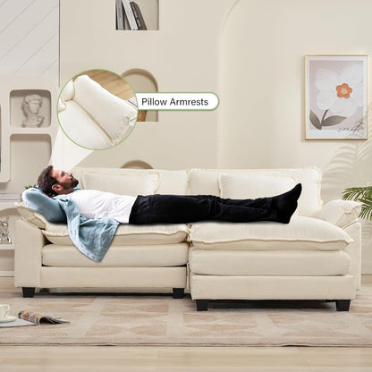 Canapé sectionnel Cloud 86 - Canapé en chenille en forme de L avec pouf et coussins, siège profond (beige blanc)