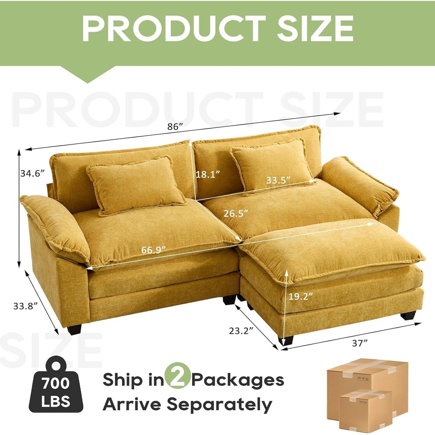 Canapé sectionnel Cloud 86 - Canapé en chenille en forme de L avec pouf et coussins, siège profond (beige blanc)
